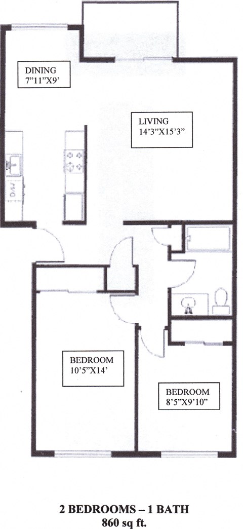 2 bedroom 1 bathroom floor plan